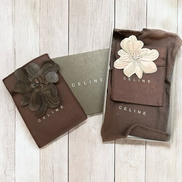 RARE Authentic Celine Brown & Beige Leather & Suede Floral Set of 2 Brooches - Picture 1 of 11